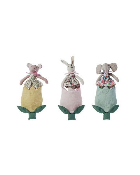 three stuffed animals in a colorful tulip pocket