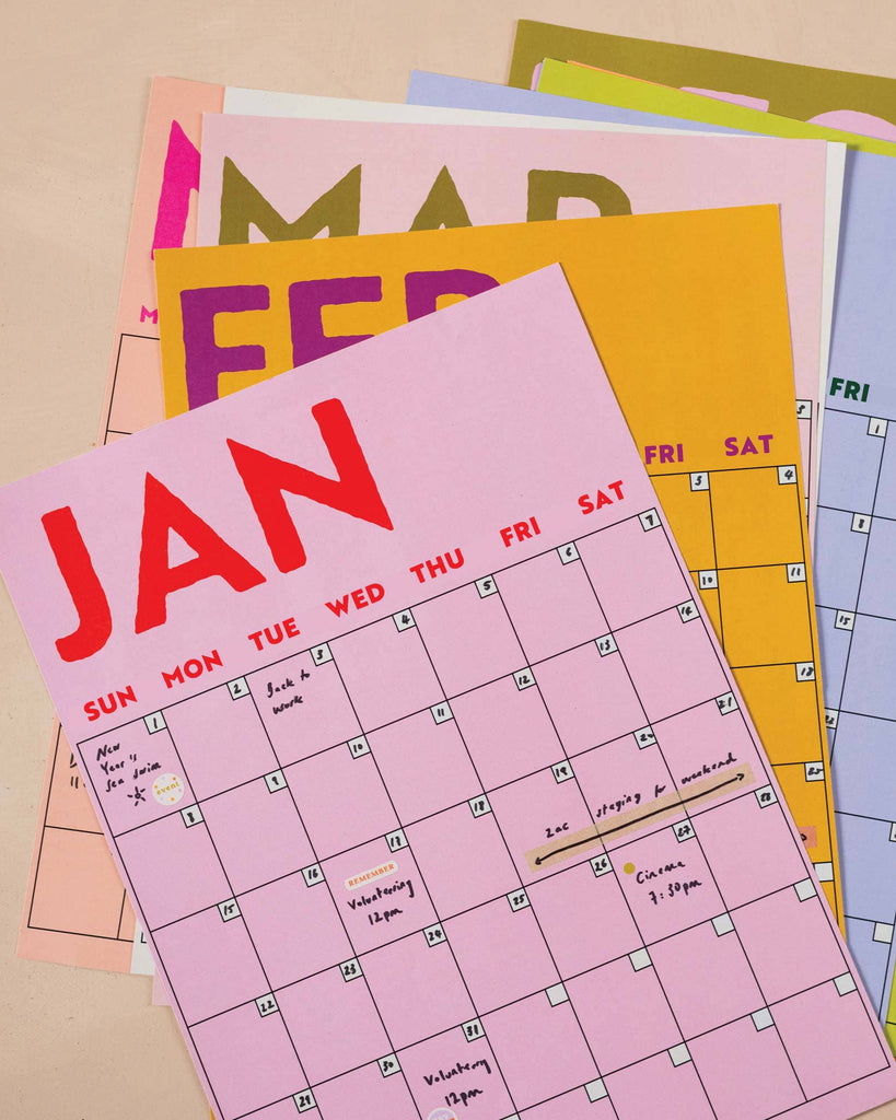 undated wall calendar, colorburst, sunday start