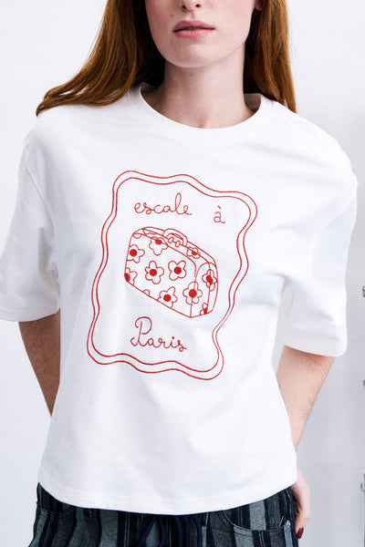 white tee with a travel-inspired embroidered design