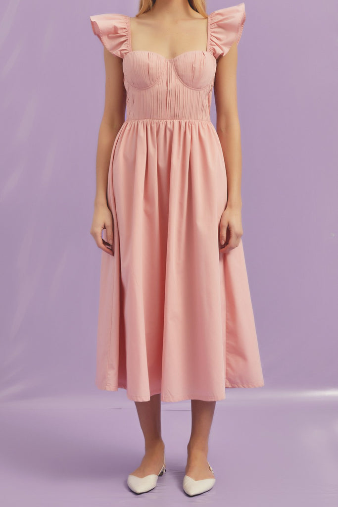 peach pleated dress 313-2 ISABELLE Pleated dress with neckline and long sleeve - peach color