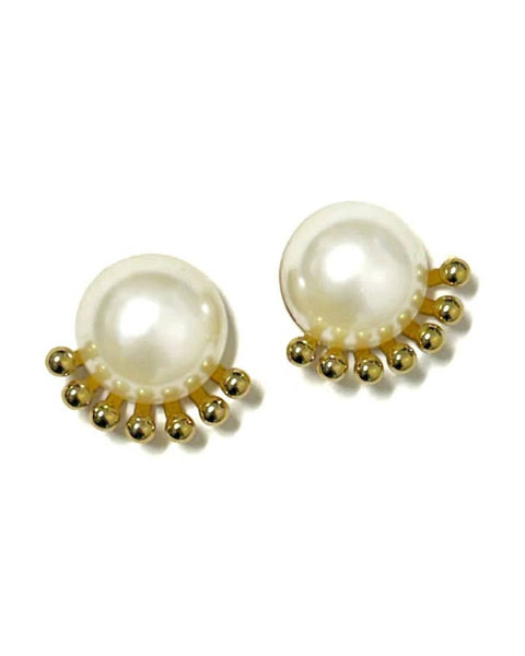 Pair of pearl earrings with gold accents on a white background
