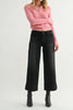washed black wide leg jeans with a cuffed bottom hem.