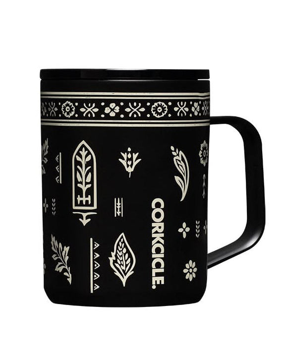 black insulated mug with a western-inspired design