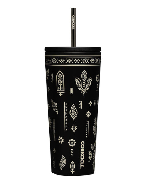 black insulated cup with a western-inspired design