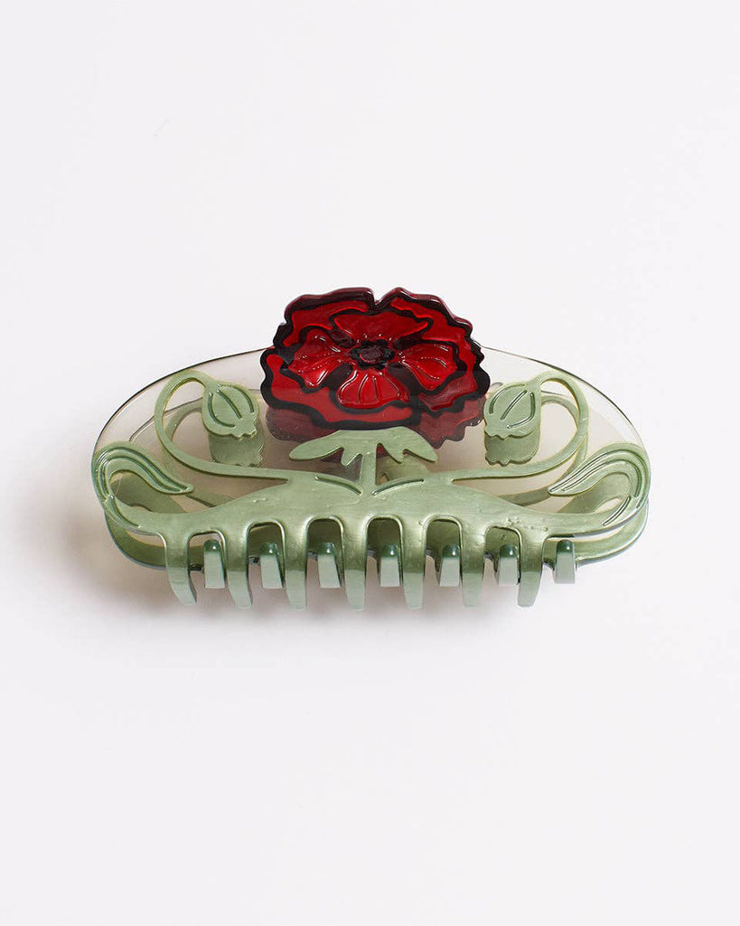 generously sized hair claw with a bold red wild poppy flower 