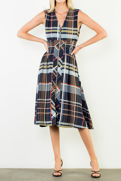 striking sleeveless midi dress in a dark plaid pattern with a special zippered front