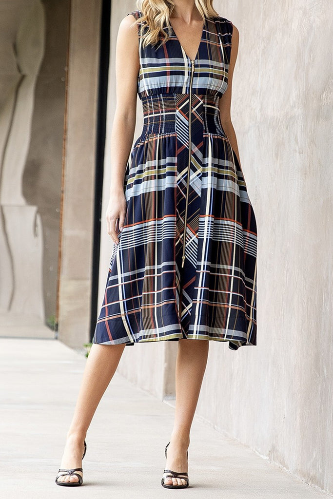 striking sleeveless midi dress in a dark plaid pattern with a special zippered front