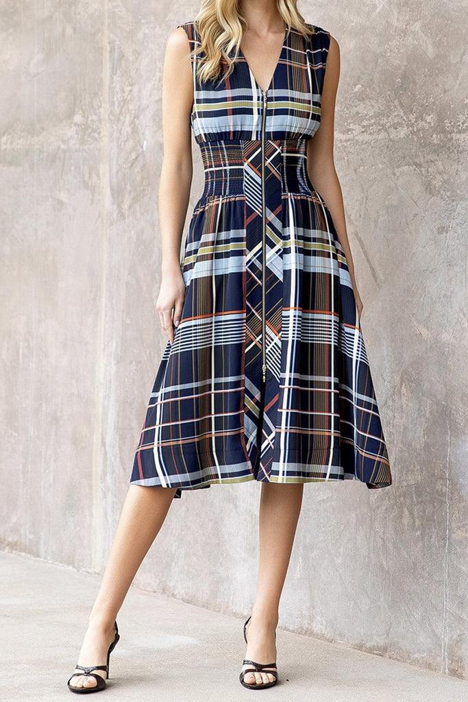 striking sleeveless midi dress in a dark plaid pattern with a special zippered front
