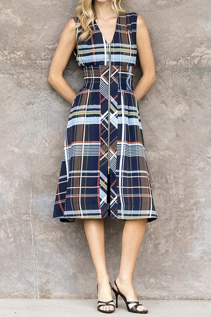 striking sleeveless midi dress in a dark plaid pattern with a special zippered front