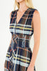 striking sleeveless midi dress in a dark plaid pattern with a special zippered front