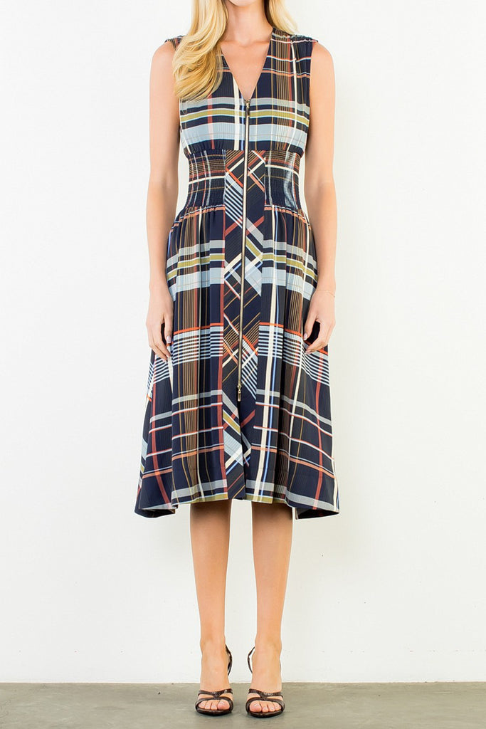 striking sleeveless midi dress in a dark plaid pattern with a special zippered front