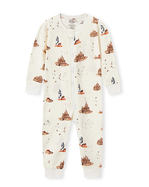 organic cotton zipper pajamas with a beachy sandcastle print
