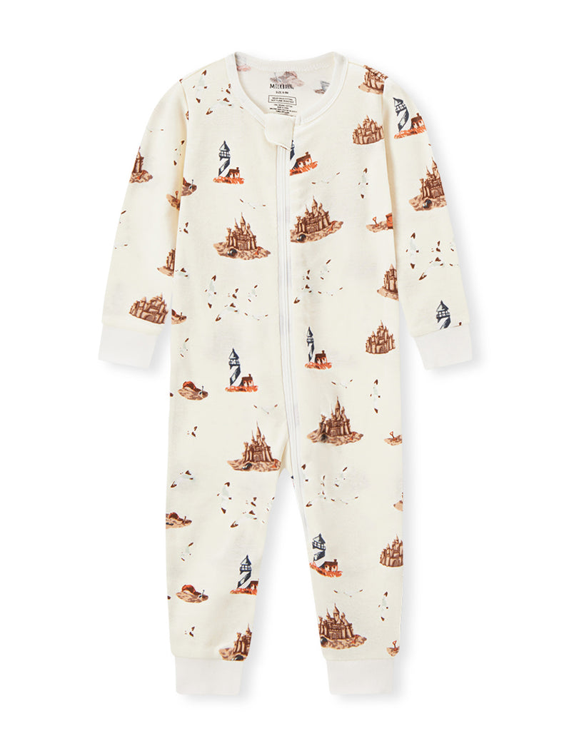 organic cotton zipper pajamas with a beachy sandcastle print
