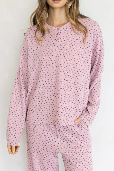 baby pink henley top with a sweet ditsy floral pattern