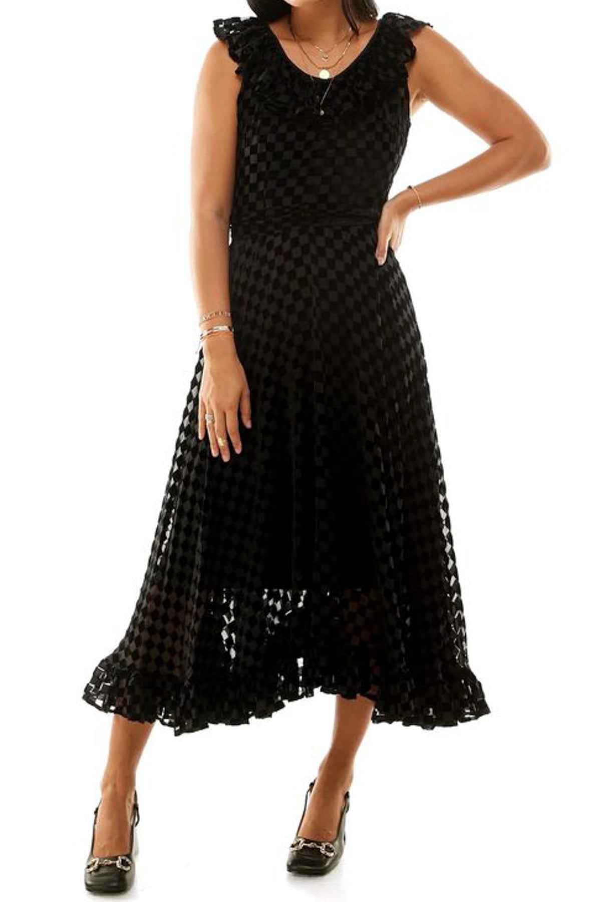 Warehouse black metallic spot midi outlet dress